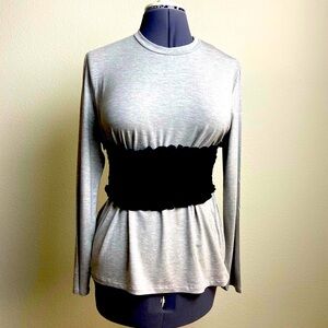 SIMLU (XL/10-12) Minimalist Long Sleeve Crew Neck Ruffle Smock Waist Cute TShirt